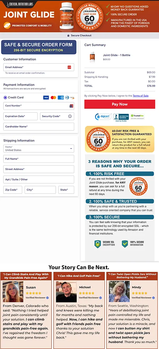 The secure Joint Glide order form on the official checkout