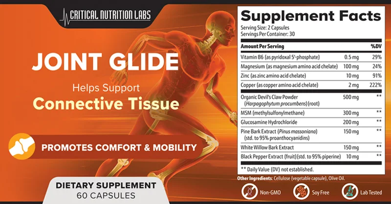 Joint Glide Supplement Facts label showing devil's claw, MSM, glucosamine, pine bark and minerals