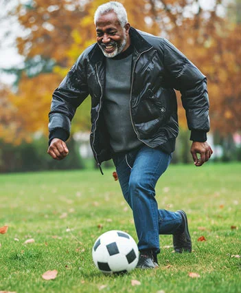 Active man playing recreational soccer with comfortable joints